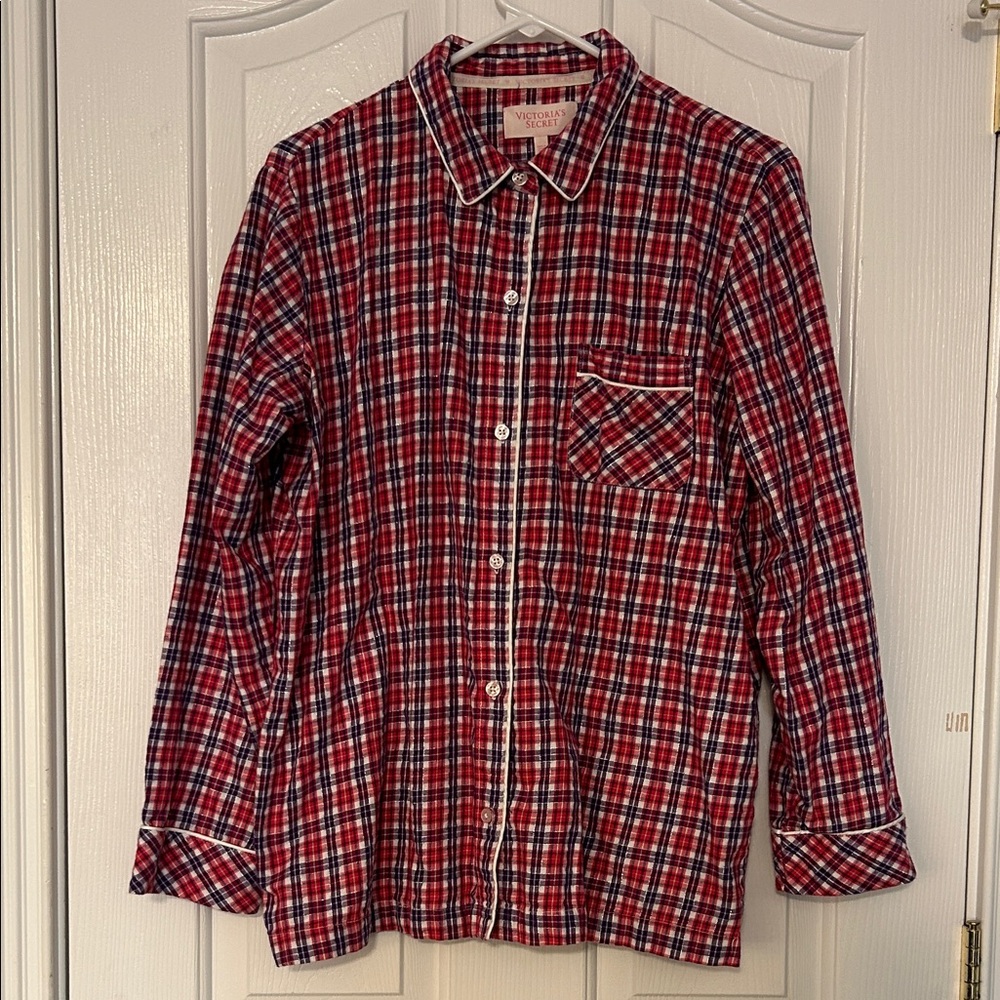 Victoria's Secret Large Metallic Red and White Plaid Pajama Shirt EUC